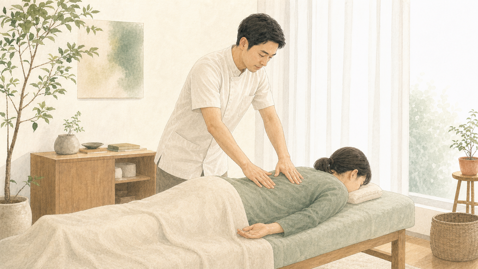 うつ伏せの姿勢で背中の状態を確認する様子をイメージしたイラスト