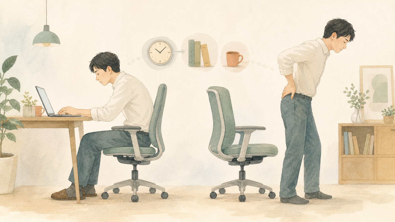 長時間のデスクワークによる腰まわりの負担をイメージしたイラスト